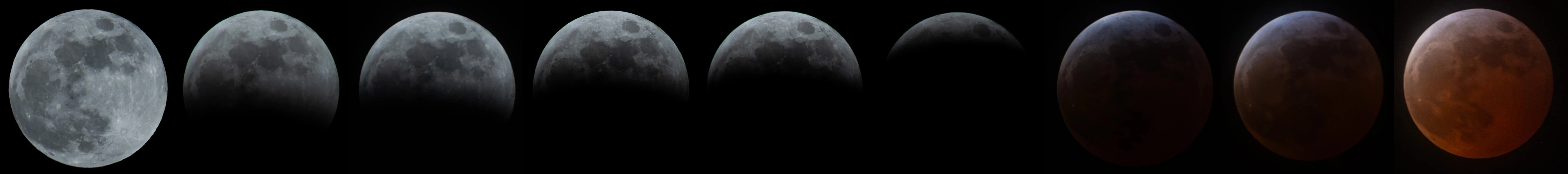 The process of the lunar eclipse in 9 photos. The bright section became smaller gradually, and the red colour on the Earth’s umbra became obvious eventually.