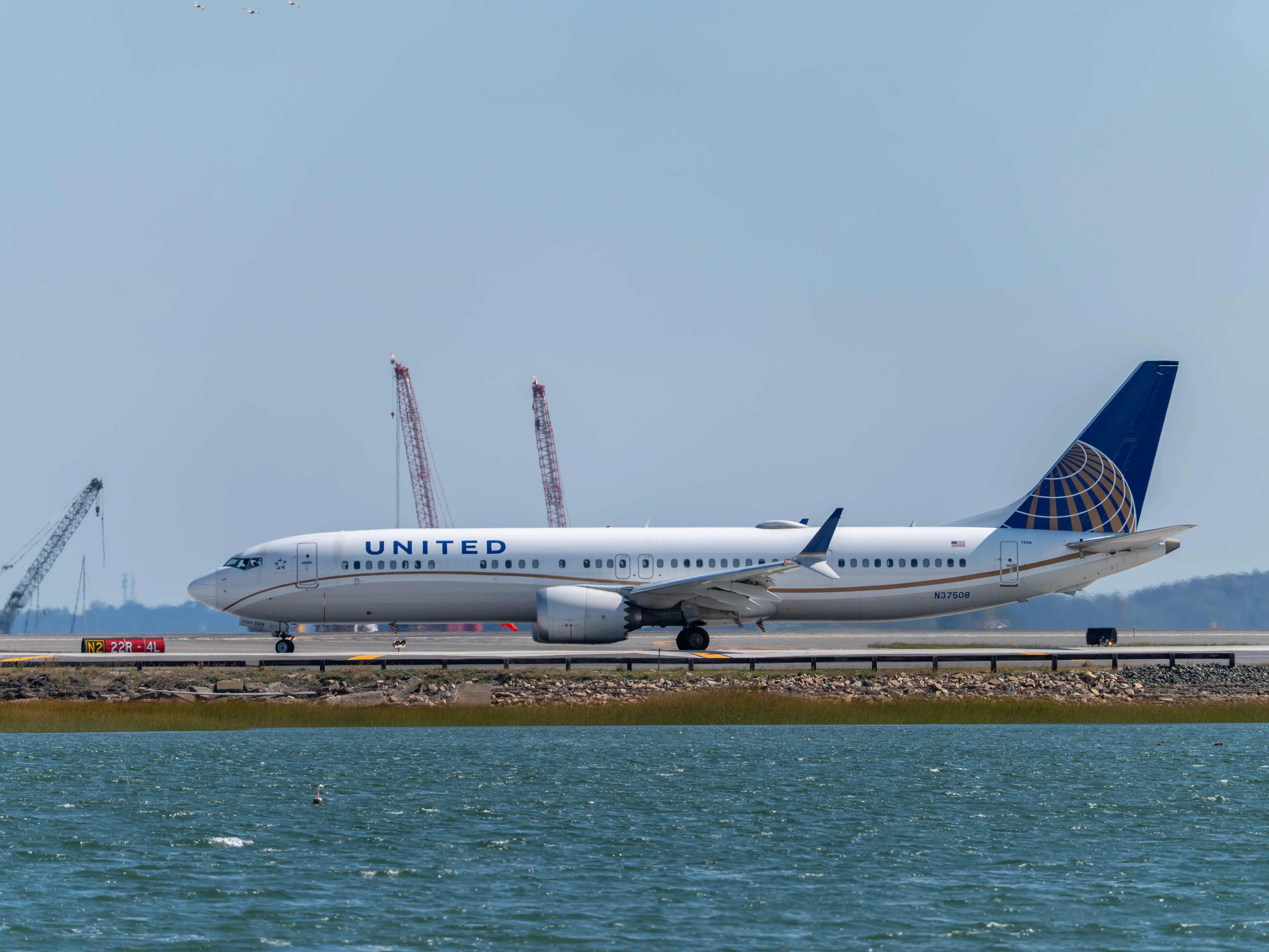 United Airlines Boeing B737 MAX 9 (registration number N37508) taxiing on taxiway N