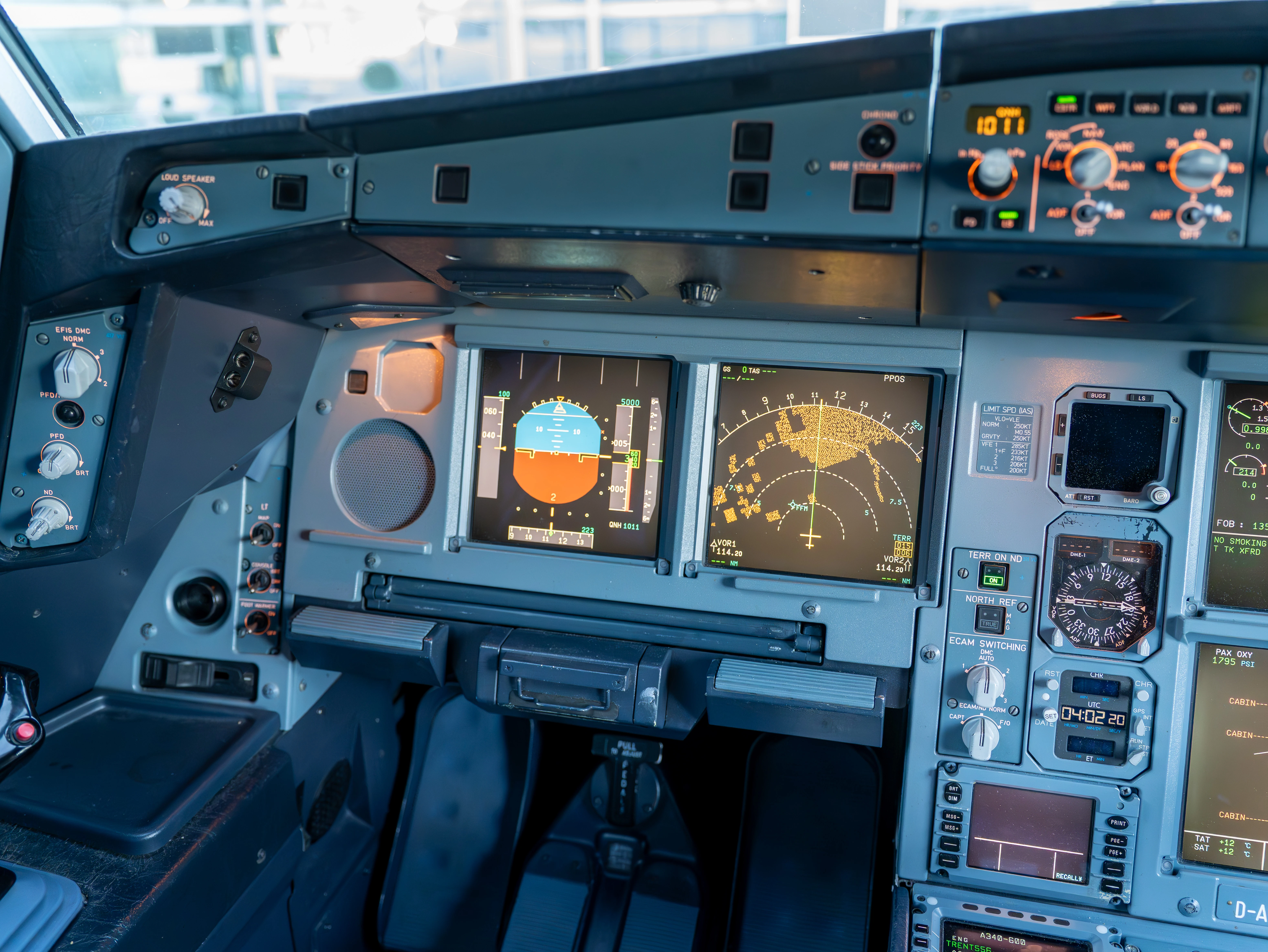 The captain&rsquo;s side of the A340-600 instrument panel, with the primary flight display, navigation display, and glareshield controls