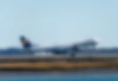 Lufthansa A340-600 touching down in daylight, with tyre smoke at the main gear and marsh grass in the foreground