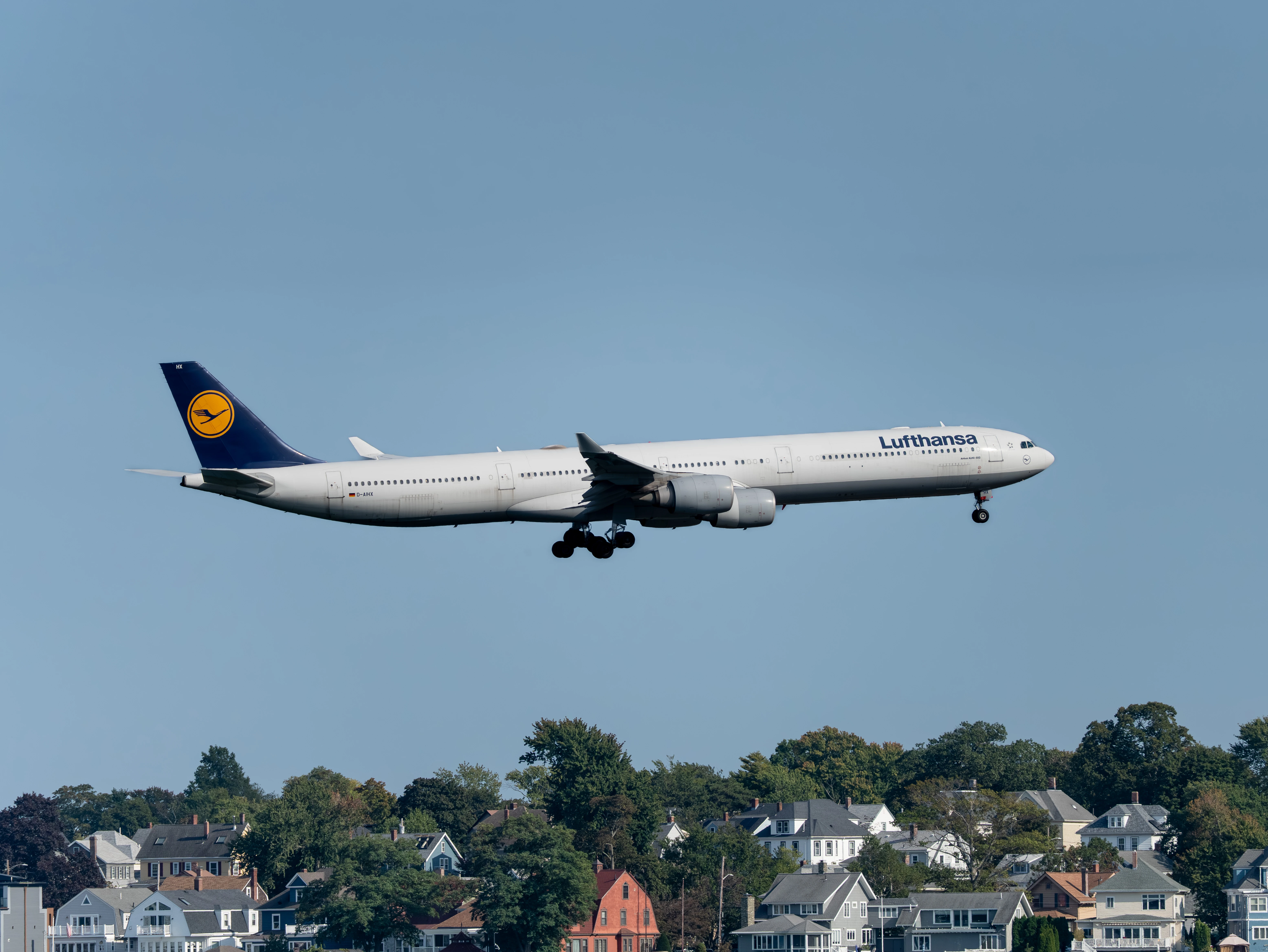 Lufthansa A340-600 in the classic livery on final approach with gear down, above a row of houses and trees